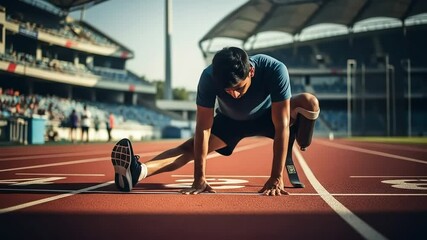 Focused Para-Athlete with Prosthetic Leg Performs Dynamic Stretches on a Professional Running Track - Powered by Adobe