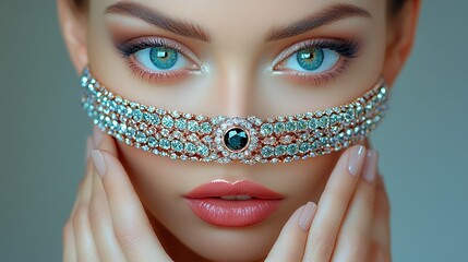 Luxury black diamond ring and necklace closeup, elegant woman touching neck, studio lighting