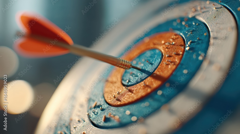 Poster a colorful dartboard with a dart embedded in the bullseye, showcasing precision and focus in a vibra