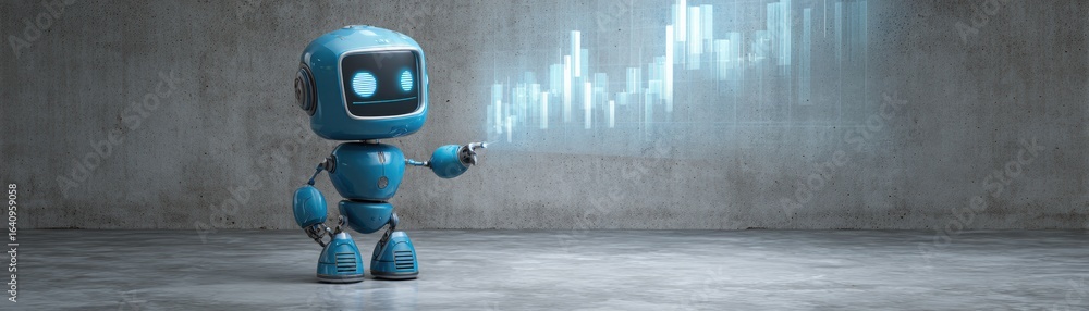 Poster a friendly blue robot stands in a minimalist space, pointing at a digital graph displayed in front o