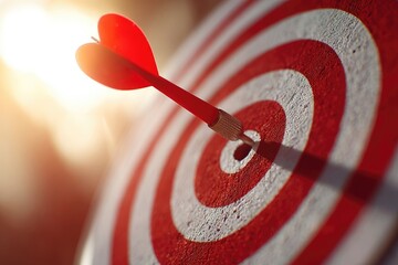 Red dart embedded in center of target, heart-shaped tip, sunlit