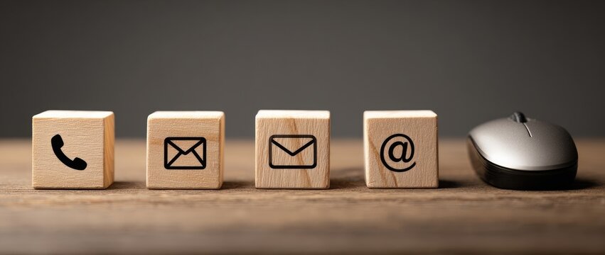 Contact information icons on wooden blocks with a computer mouse