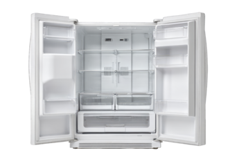 White refrigerator, open, empty interior, with shelves and drawers