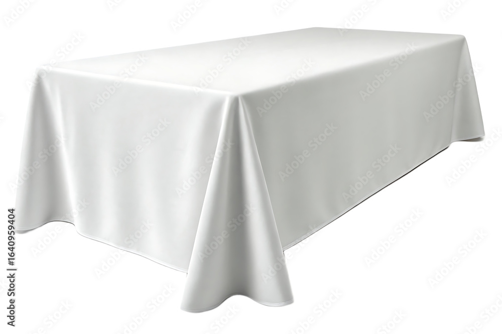 Poster a pristine white tablecloth elegantly drapes over a rectangular table in a minimalist setting studio