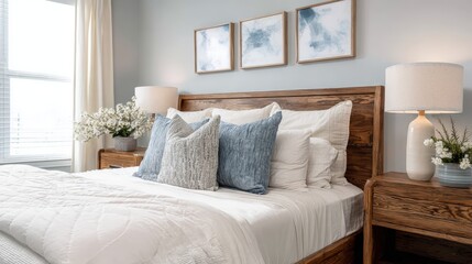 Comfortable Bedroom Interior with Wooden Headboard, Nightstands, Lamps, Pillows and Modern Artwork in a Home