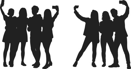 Friends taking selfie, silhouette group pose, happy youth capturing moment, social gathering photo, smartphone fun, modern lifestyle, friendship concept.