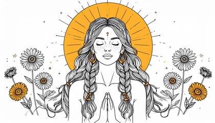 A woman meditating and doing yoga under the sun, artistic minimal drawing.