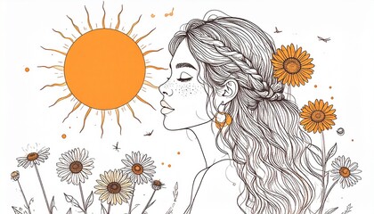 A woman meditating and doing yoga under the sun, artistic minimal drawing.