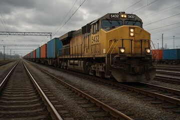 Obraz premium Freight train with cargo containers on railway tracks.