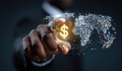 Business hand interacting with a glowing global dollar sign