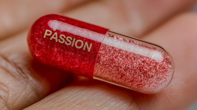 Transparent red passion capsule held between fingertips