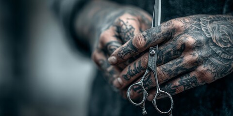 Hairdresser holding professional scissors with tattooed hands