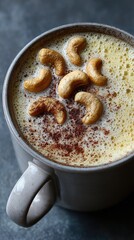 Creamy, spiced drink topped with cashews