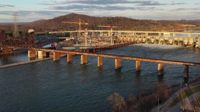 Stunning 4K drone footage of Chickamauga Dam, showcasing its structure, the Tennessee River, and scenic beauty. Perfect for infrastructure, travel, or history projects.