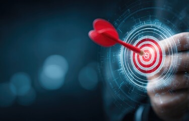 Fototapeta premium Hand aiming dart at target, digital overlay