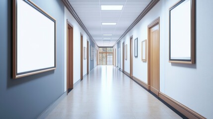 Empty school hallway with framed artwork and doors, light beige floor, and large windows at the end.