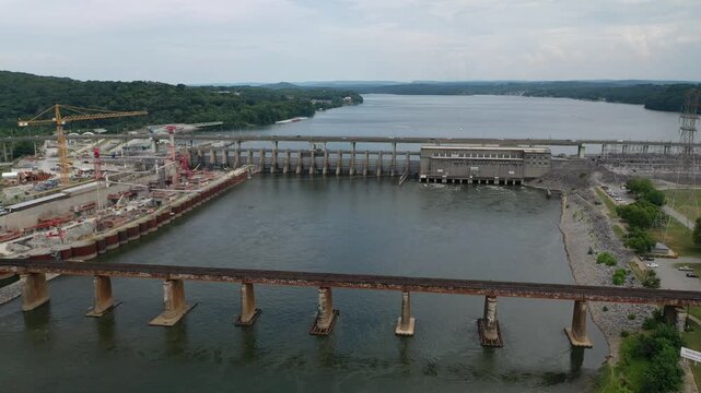 Stunning 4K drone footage of Chickamauga Dam, showcasing its structure, the Tennessee River, and scenic beauty. Perfect for infrastructure, travel, or history projects.