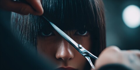 Obraz premium Hairdresser cutting woman's bangs with scissors in salon