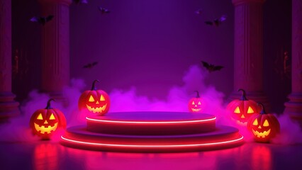 Neon glow Halloween podium with pumpkins and fog