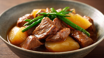とろとろに煮込まれた牛肉とじゃがいもにインゲンを添えた彩りの良い肉じゃがのクローズアップ