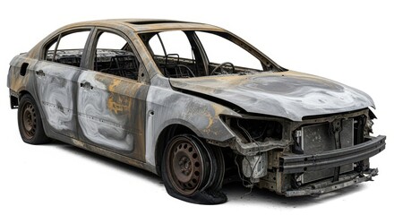 Burnt and wrecked car after a fire accident isolated on a white background