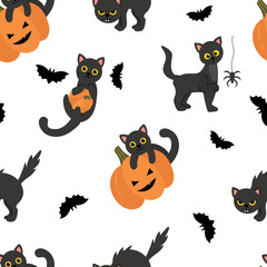 Seamless Pattern with Halloween Black Cats and Pumpkins