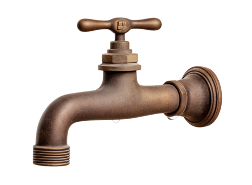 Antique bronze water faucet with dripping water graphic isolated on a transparent background