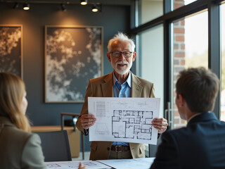 An elderly caucasian man presents architectural plans to younger colleagues in a modern office, showcasing the intersection of aging and technology in professional environments