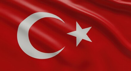 Turkish Flag in Motion: A vibrant representation of the Turkish flag, waving gently in the breeze, embodies the nation's pride and identity, with its iconic crescent moon and star.