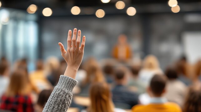 A hand is raised in a classroom or seminar, indicating a desire to ask a question or participate in the discussion.