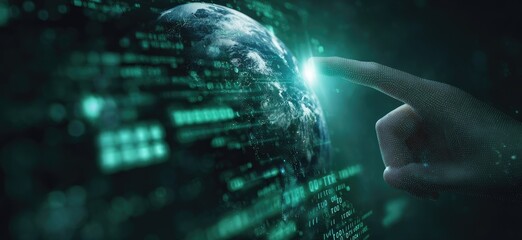 A hand points to a digital representation of Earth surrounded by a network of data and code