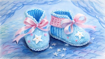 Adorable knitted baby booties with bows and stars in pastel blue and pink