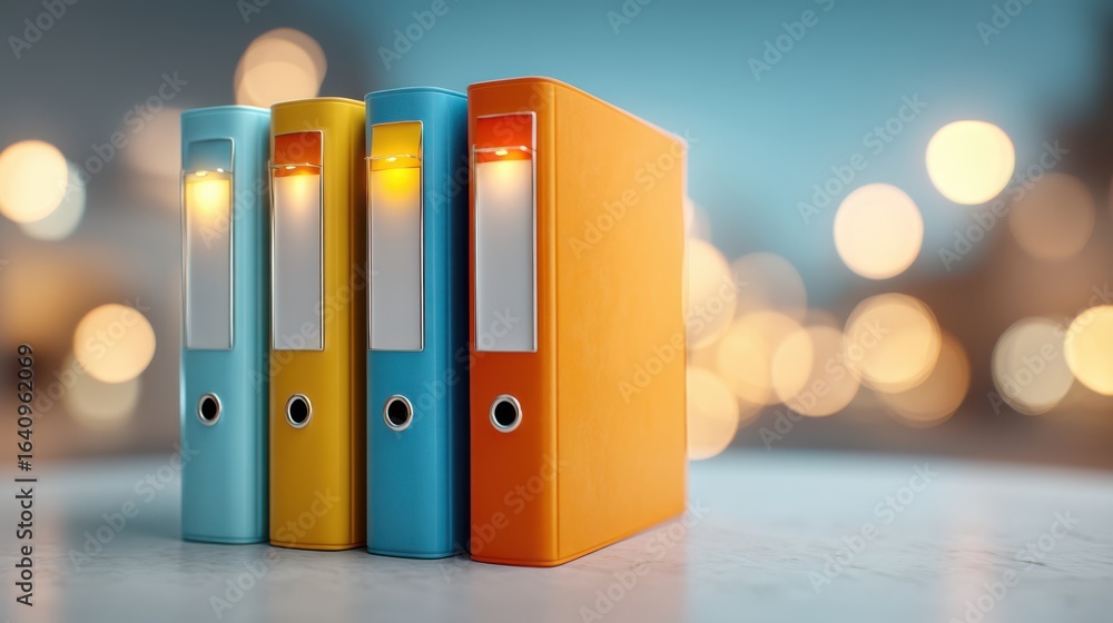 Aufkleber four colorful binders lined up against a blurred background of soft lights, creating a vibrant and o