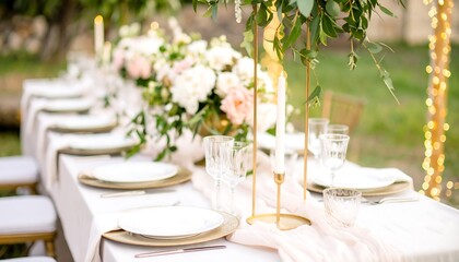 Elegant outdoor dining table setting with floral arrangements and gold accents.
