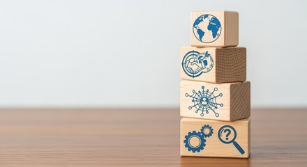 Wooden Blocks Stacked with Global Business Symbols Representing Connection, Strategy, Problem Solving and Partnership