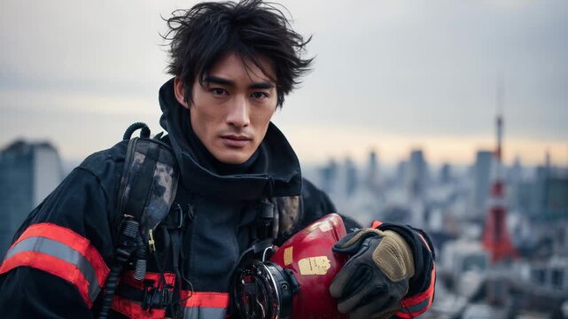 Asian firefighter man looking at camera with city in background - Fireman, emergency and help concept - Model by AI generative