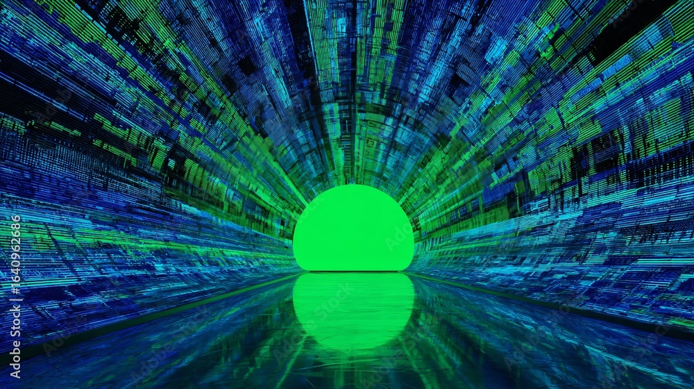Poster digital tunnel with vibrant code patterns.