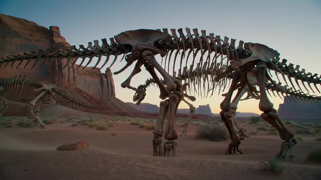 Majestic Dinosaur Skeletons in Arid Desert Landscape, A Journey Through Time