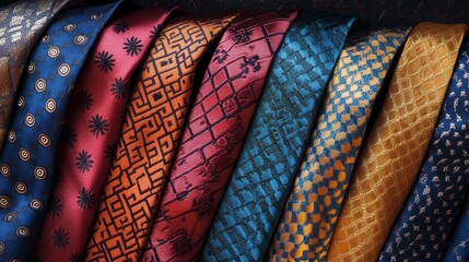 Collection of colorful patterned men's neckties arranged in a row.