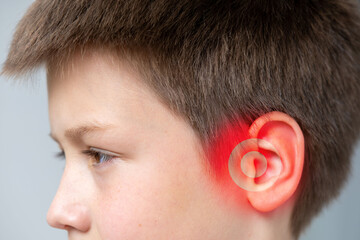 Macro shot child’s ear close-up, boy listening, human facial detail, Hearing Test, Cochlear...