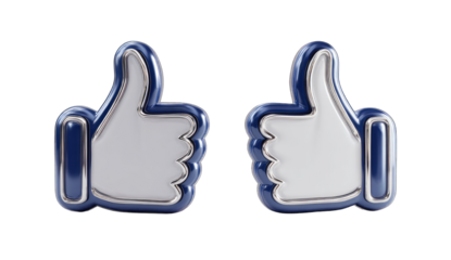 Two 3D thumbs up icons, navy blue outlines, white interior
