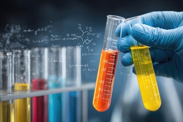 Hand in blue glove holds two test tubes with colored liquids, chemical formulas float around