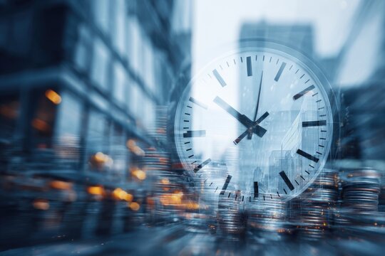 Time passing in a city. Blurred cityscapes around a clock face