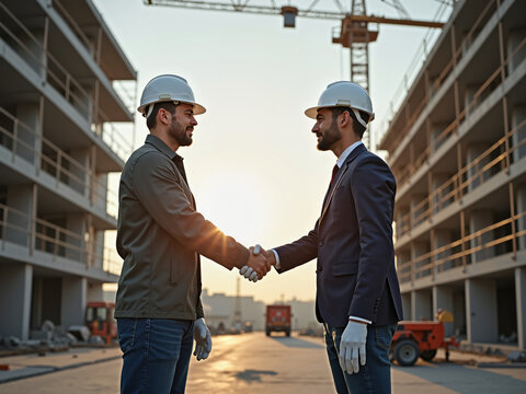 Two men shaking hands at a construction site during sunset, one in a suit and the other in work clothing, symbolizing collaboration and partnership 