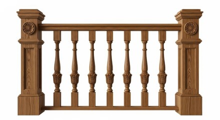 Ornate carved wooden balustrade section for interior design isolated on a white background