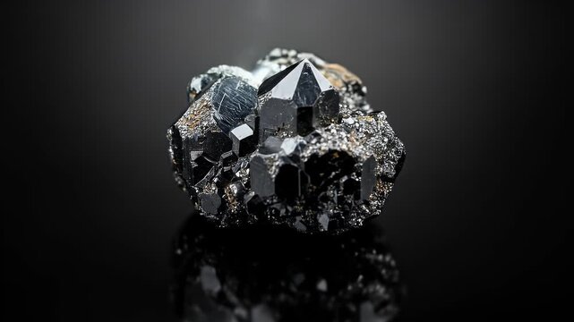 Dramatic macro shot of a black mineral crystal glistening as light scans its faceted surface on a reflective dark background ideal for science and luxury