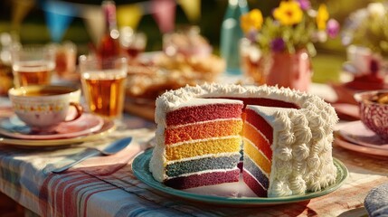 Rainbow layer cake sliced on a garden table