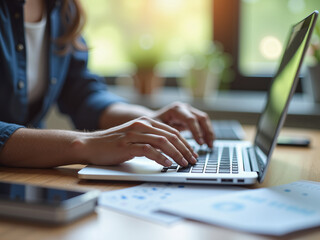 A woman works on a laptop while analyzing data and reports in a bright, modern office environment showcasing the integration of technology and an aging populations needs and services