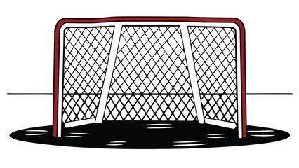 A hockey goal with a red frame and white netting sits on a black surface with a white background