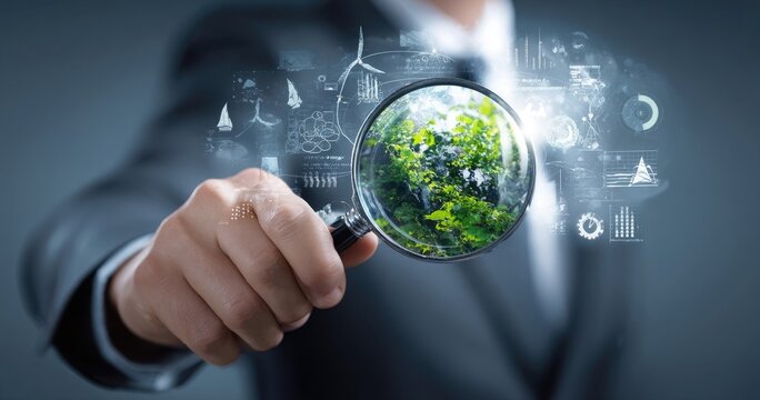 Businessperson examines Earth through magnifying glass, surrounded by environmental data